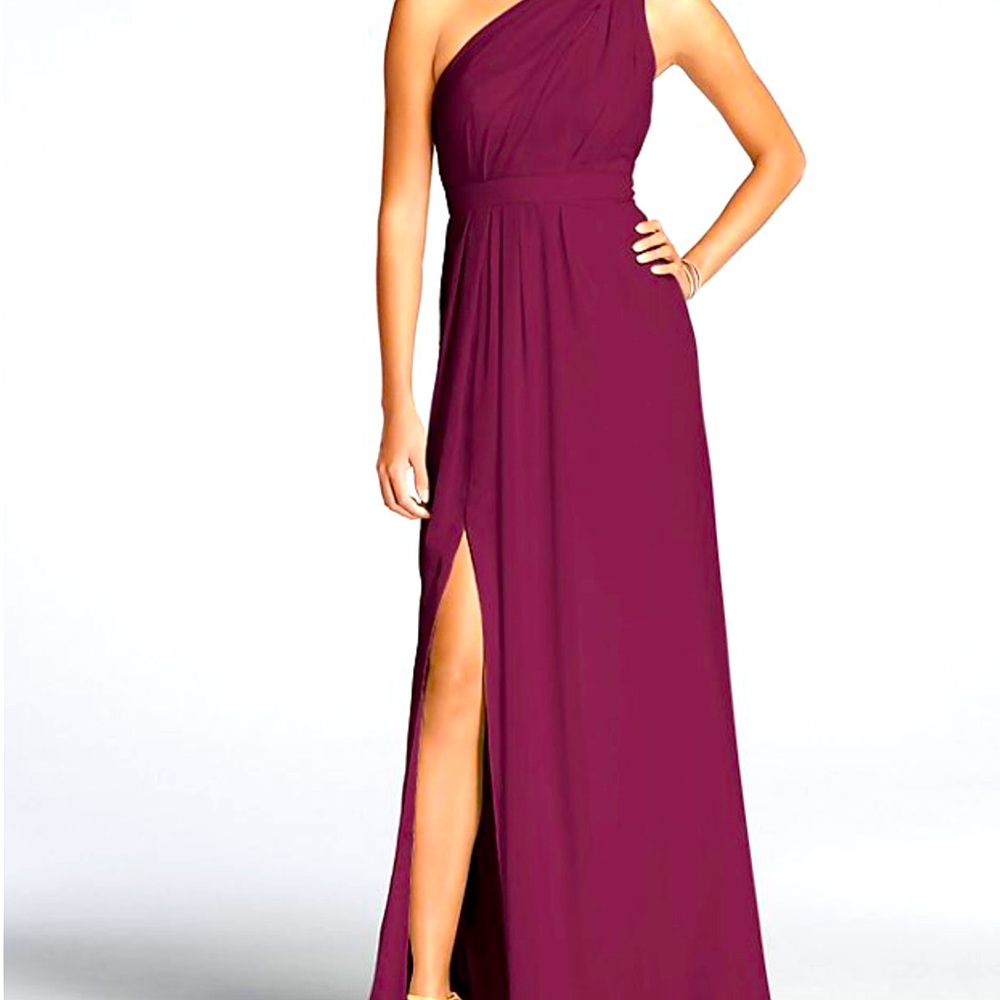 David’s Bridal Long One-Shoulder Crinkle Chiffon Dress, Wine color
